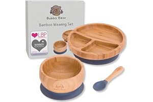 Bubba Bear ® Zestaw bambusowych misek z przyssawkami, talerzyków i łyżek dla niemowląt | Stay Put Toddler Led miski i talerze do karmienia | Bezpłatny przewodnik po odstawieniu od piersi
