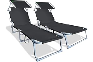vounot Lot de 2 Chaise Longue Bain de Soleil avec Pare Soleil | Transat Pliable avec Parasol | Bain De Soleil inclinable en Polyester | Charge Max 110KG | Chaise Longue réglable Noir