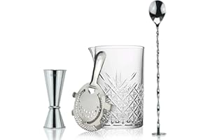 FLOW BARWARE 4 szt. zestaw do mieszania koktajli | szklany dzbanek, sitko Hawthorne, japońskie napoje jigger i łyżka do mieszania koktajli, duża 725 ml