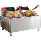 CROSSON 16L Professional Electric Double Fryer, 7500W Industrial Fryer Hostelry Large Capacity with a Basket and Lid, Tempera