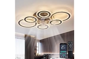 ycwdcz Moderne Deckenventilator mit Beleuchtung und Fernbedienung, Kristall Ring Deckenlampe mit Ventilator Sommer Winter Reversibel Dimmbar Licht Speicher Funktion 6 Stufen DC Motor, Schwarz