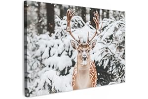 MuchoWow© Impression sur Toile Peinture 120x80 cm Tableau Mural Decoration Salon Reproductions de Tableaux Murale Moderne Cerf - Neige - Hiver - Forêt - Animal