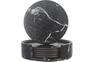 Coasters for Drinks, WAYIFON 6 PCS Premium PU Leather Coaster with Holder, Round Cup Mat Pad Set - Tabletop Protection for Home and Kitchen Use - Housewarming Gift - Marble Black Pattern