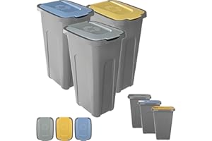 KADAX Zestaw koszy na śmieci do segregacji, 3 x 30 l, zestaw segregacji, pojemnik z tworzywa sztucznego i pokrywą na zawiasach śmieć