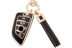 Koaudb Car Key Fob Cover para BMW Soft TPU Smart Key Case Black Gold con Llavero de Cuero para BMW X1 X2 X3 X5 X6 2 5 6 7 Series 3 4 Botones Smart Key Fob Case (BP-BM-4D)