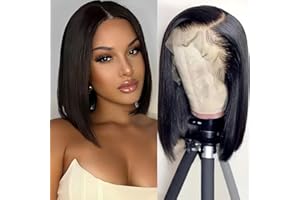 WENYAN 13x4 Lace Frontal Bob Wig Perruque Femme Naturelle Brésilien HD Transparent Lace Front Wigs Perruque Cheveux Humain Straight Perruque Lace Wig Couleur Naturelle 150% Density (16 pouces)