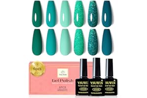YSUVIN Vernis Semi Permanent Vert, 6 Couleurs Vert émeraude Collection Vert Olive Foncé Vert Bleu Turquoise Pailleté Vernis à Ongles Soak Off UV Nail Art Salon, Fête Prénuptiale/Noël Cadeaux