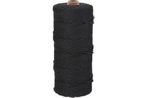 GOHOF Macrame Cord 3mm x 100m Premium Cotton Macrame Rope, 4 Strand Twisted Soft Cotton Cord, One of The Most Perfect Materials for Macrame Art, Cotton String Without Chemicals (Black)