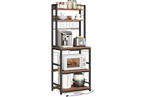 VASAGLE Kitchen Storage Rack with Power Outlet, Coffee Bar, Baker's Rack, with Metal Wire Panel, 14 Hooks, for Microwave, Steel Frame, 40 x 60 x 170 cm, Rustic Brown and Ink Black KKS037B21