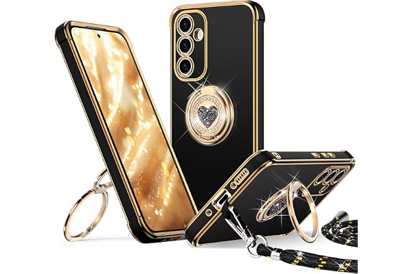 XYZ Coque pour Samsung Galaxy A34 5G, avec Double Anneau de Support Cœur, avec Lanière pour Filles et Femmes, Coque de Protection Luxe Mignonne et Scintillante pour Samsung A34 5G, Noir