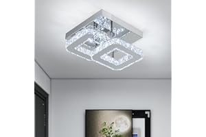 XEMQENER LED Ceiling Light Crystal Chandeliers, 24cm Modern Flush Crystal Ceiling Light, 24W Square Cool White Mini Crystal Chandelier Ceiling Lamp for Hallway Living Room Bedroom Dining Room Kitchen