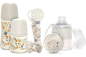Suavinex, Set Regalo Recién Nacido. Kit Biberones Anticólicos de 150 ml y 270 ml + Chupete 0/6 Meses con Tetina Fisiológica SX Pro + Dosificador de Leche + Portachupetes + Chupetero. Wonderland Beige