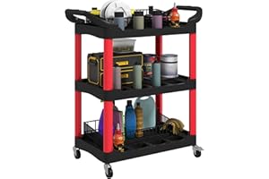 ‎HOMCOM HOMCOM Werkstatt-Rollwagen mit 3 Etagen, Werkzeugwagen mit Griff, Hakenlöchern für Werkzeug Montagewagen für Garage, Lagerhaus, max. 91 kg Belastbar, Rot+Schwarz