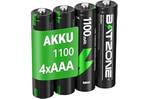 BATZONE wiederaufladbare AAA Akkus 4 Stück, Micro AAA Akku, Typ NI-MH 1100mAh AAA Akkus, geringe Selbstentladung 1.2v AAA Batterien, mit Batterie Schutzbox