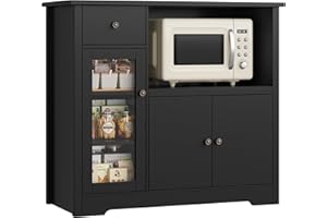 HOCSOK Szafka kuchenna z blatem roboczym, kredens kuchenny z regałem mikrofalowym, szafka bufetowa z 1 szufladą, 3 drzwi, regulowane półki, do kuchni, jadalni, salonu, czarna