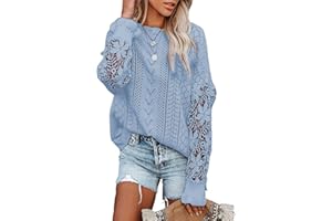 Maavoki Sweter damski, koronkowy sweter z dzianiny, luźny, okrągły dekolt, koronka, długi rękaw, szydełkowany, elegancki, jednokolorowy, patchworkowy, dziergany, z długim rękawem