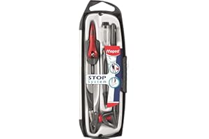 Maped - Coffret Compas Maped Stop System 5 pièces - Système de Verrouillage Breveté - Tracé Parfait - Avec Sécurité Protège Pointe - Compas Mine + Bague + Porte-mine 0.5 mm + Étui et Taille Mines