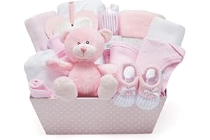 Coffret Naissance Rose pour Bébés Filles – Kit avec Vêtements, Lange en Polaire, Serviette avec Capuche 2 Étoffes en Mousseline et un Adorable Ourson en Peluche