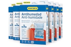 Pack de 6 Bolsas antihumedad- Absorbe Humedad de Armarios - Espacios de hasta 15 m2 - Fragancia: Neutro - Contenido: 6 unidades de 450 gr - Humydry