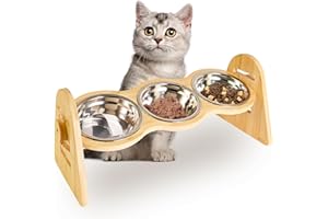 CHIVENIDO Futternapf Katze Hundenapf Erhöht, 4 Höhen Hundenapf Höhenverstellbar Erhöhter Futternapf Hund, Bambus Futterstation Hund mit 3 Edelstahlnäpfen, Fressnapf und Wassernapf für Katzen und kleine Hunde