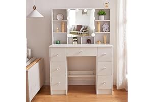 Buildonely Large Dressing Table with LED Lights, Adjustable Brightness, Vanity Table Makeup Desk with Mirror and 7 Drawers and 4 Open Shelves, 40x100x140 cm, White Bedroom Dresser for Girls Women