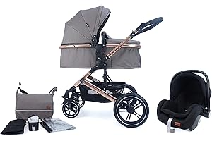 Pixini Passeggino Trio Neyla, 3 in 1 Carrozzina Ovetto Pieghevole, Accessori, Bambini (Oro/Marrone)
