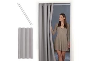 ‎TINYCURTAINS tinycurtains, Thermo Türvorhang mit Teleskopstange, einfache Montage in nur 1 Minute ohne Bohren (Türgardine hellgrau H195 x B150 cm + Stange weiß B55-90 cm)
