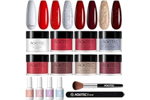 ‎AOKITEC Aokitec 14 PCS Dipping Powder Nails Set, Rot Gold Glitter Dip Acrylpulver mit Dip Base Top Activator Brush Saver, Dipping Powder Starter Set für Nail Art Anfänger, Geschenk für Frauen Mädchen