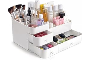 Winter Shore Organizador Maquillaje Blanco Grande - Cosméticos y Makeup Organizer - Múltiples Compartimentos y 3 Cajones Organizador de Pintalabios, Sombras de Ojos, Brochas, Perfume, Accesorios