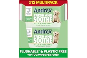 Andrex Fresh and Soothe Hygiene Wipes, 12 Packs - Flushable Toilet Wipes - Skin Kind - Contains Aloe Vera and Prebiotic Lotion- Biodegradable and Plastic-Free, FSC Certified