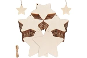 HOLDLEAF 60 Stück Holz Sterne 7cm, 3mm Dick, inkl. Juteschnur – Blanko Holzanhänger Sterne zum Basteln, Bemalen & Verzieren, Weihnachtsanhänger, Christbaumschmuck, Deko