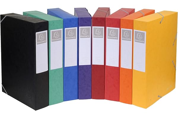 Exacompta - Réf.14000H -10 boites de classement avec élastiques CARTOBOX - livrées à plat -dos de 4 cm - carte lustrée 7/10ème - 600g/m² dimensions 24x32cm - format à classer A4 - 8 couleurs assorties