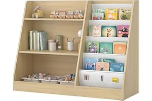 Huhote Kids Bookshelf Wooden Childrens Bookcase, Kids Storage Book Rack, Toddler Book and Toy Organizer Cabinet Book Display, Kids Shelves for Bedroom, Playroom, Nursery, Kindergarten (Oak)