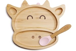 Moon and Moo Cow Bamboo Suction Plate and Spoon Set for Kids, Toddlers and Baby Weaning - Non-Toxic – Plastic Free - Stay Put - Baby Suction Plate - Baby Weaning Set