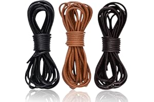 SOSMAR 3 Rolls 5M X 3MM Cowhide Round Leather Cords Rope String for Bracelet Necklace Jewelry Making Lanyards DIY Crafts, Black, Dark Brown, Natural Brown Genuine Leather Cord
