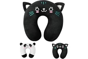 Alaoo Nackenkissen Kinder, Memory Foam Nackenstütze, Reisekissen U-förmiges Nackenstützkissen, Cartoon Tier Nackenhörnchen, Stützkissen für Auto Zug Büro Heim Flugzeug für Reisen (Schwarz Katze)