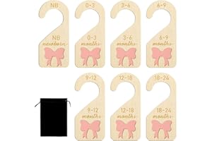 LESEOGYE 7Pcs Wooden Baby Wardrobe Dividers, 3D Coquette Pink Bow Baby Clothes Dividers from Newborn to 24 Month, Baby Age Hanger Dividers with Storage Bag for Newborn Boys Girls Gifts