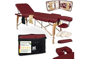 MASSUNDA All INKL Chaise de Massage Pliante et réglable en Hauteur – Table de Massage Mobile en Bois Massif avec Housse en éponge, accoudoirs et dossiers, appuie-tête Ergonomique (Bordeaux)