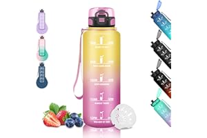 GRSTA Borraccia 1,5 litri, Bottiglie Palestra, Senza Perdite, Borracce Motivazionale, con Scala Temporale, Borraccie Filtrante, Facile da Pulire, Borracce per Sport, Yoga, Trekking, Campeggio, Giallo-Rosa