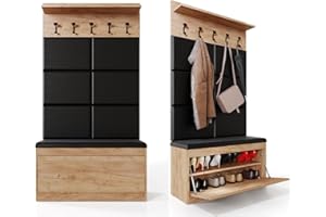 PLATAN ROOM Wand-Garderobe Set mit Garderobenpaneel & Schuhschrank & Hängeschrank 100 cm Flurgarderobe Garderobenset Flur Eiche Holz Weiß (3-TLG. mit 6 paneel, Eiche Gold)