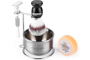 Anbbas Rasierpinsel-Set aus synthetischem Dachshaar, Edelstahl-Rasiermesser und Pinselständer und Schaumschale,natürliche Rasierseife, Puck-Nachfüllpackung für Männer