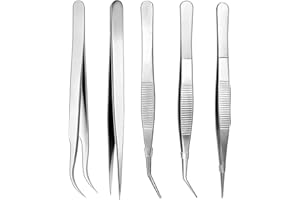 HUANGXINYU 5 Pcs Multipurpose Stainless Steel Tweezers, Non-Slip Round Tips & Curved Pointed Tweezers for Crafting Cooking Repairing Baking Grilling Sewing Model Tweezer Tongs(5 Length)