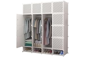 XOKOTAKI Armadio Componibile, Scaffale Modulare, Armadio Componibile Porta Abiti per Casa, Scaffale Portaoggetti per Cameretta, 20 Moduli, 2 Barra, 157x140 cm, Colore Bianco