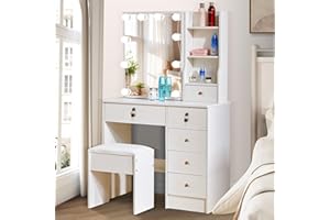 Aovquof Tavolo da toeletta con illuminazione a LED Hollywood, tavolo da toeletta con specchio e sgabello, tavolo da toeletta con 6 cassetti e 3 ripiani aperti, moderno lavabo in legno per camera da