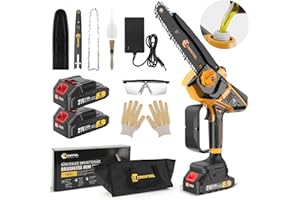 CONENTOOL Bezszczotkowa mini piła łańcuchowa, akumulatorowa piła łańcuchowa 15,5 cm (6 + 20 cm), z automatycznym olejnikiem, 2 akumulatory 2,5 Ah i ładowarka, 900 W, jednoręczna piła łańcuchowa do