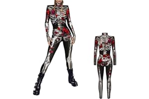 NEWUPZSI Tuta da donna per Halloween, con scheletro, con stampa 3D, a maniche lunghe, skinny, per cosplay, body con scheletro 3D