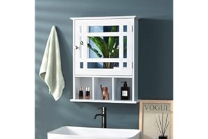 CASART Wall Mounted Bathroom Cabinet, Single Door Storage Mirrored Cupboard with Adjustable Shelf and 3 Open Compartments, Wooden Mirror Organizer for Bedroom, Living Room, Bathroom (White)