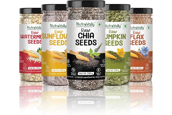 NutroVally 5-in-1 Super Seeds Combo 925g Chia, Flax, Pumpkin & Sunflower Seeds 200g + Watermelon 125g Rich in Omega-3 High Fiber & Protein Healthy Seed Mix for Daily Nutrition