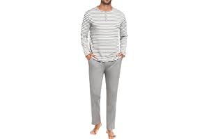 Marvmys Pijamas Hombre Invierno Algodon Largo Conjunto Manga Larga Cuello Botones Rayas Tops Pijama y Pantalones con Bolsillo