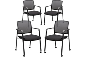 CLATINA Mesh Back Guest Reception Arm Chairs with Wheels, Waiting Room Chairs with Upholstered Fabric Seat and Ergonomic Lumbar Support for Office Conference School Church Black (4 Pack)
